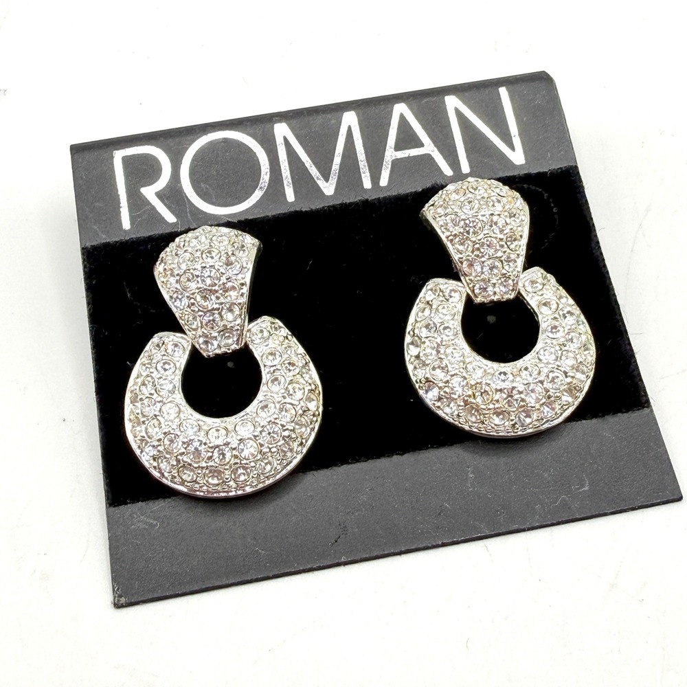 Vintage ROMAN Deadstock Rhinestone Silver Tone Door Knocker Post Earrings